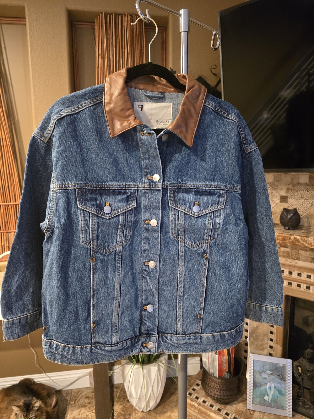 Pilcro Blue Denim Jacket with Brown Leather Collar - Picture 2 of 6